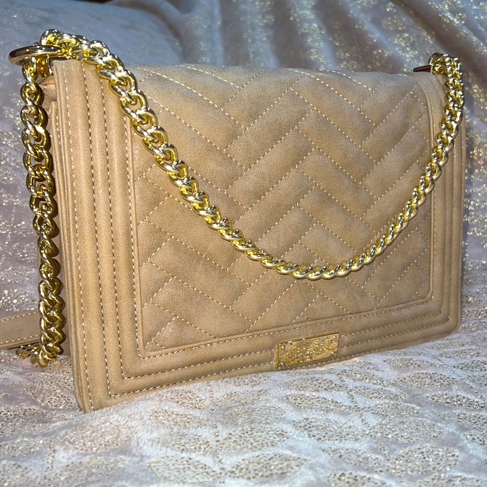 BCBG Quilted Faux Suede Gold Chain Tan Nude Shoulder Bag Hand Bag